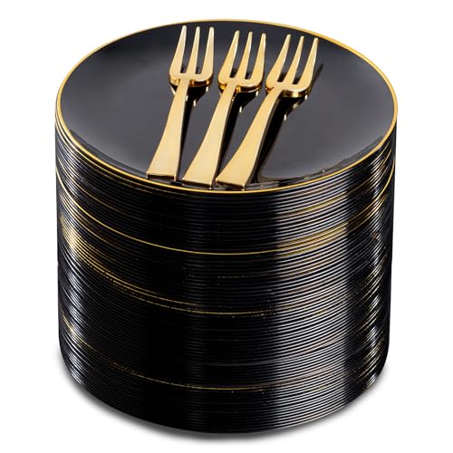 Festiva 200Pcs Black Gold Dessert Plates 6.3 with Plastic Forks 5- Small Disposable Plates- Dessert/Cake/Appetizer Plastic Plates include 100Plates 100Forks for Tea Party & Birthday