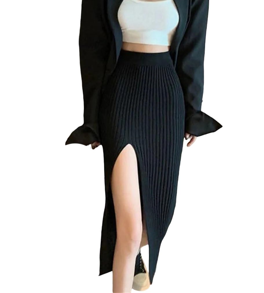 Women Knit Midi Skirt Bodycon Fit Side Slit Design Stretch Fabric Daily Wear