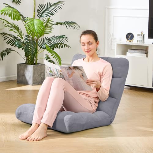Image of Folding Floor Gaming Chair 14-Poistion Cushioned Adjustable Floor Lazy Sofa Chair w /Breathable Cotton & Skin-Friendly Coral Velve for Adults & Kids Perfect for Reading Gaming Meditating, Grey