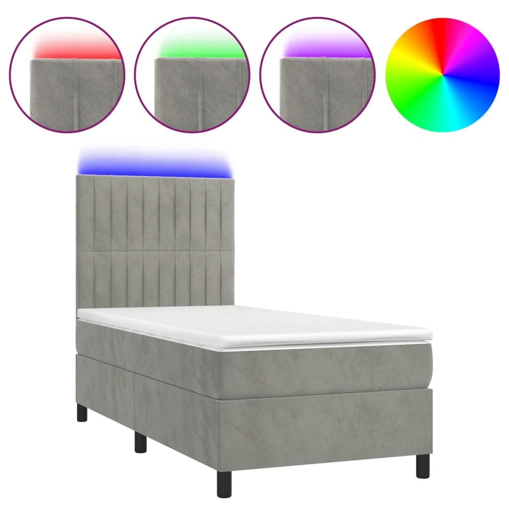 Samt Boxspringbett mit LED und verstellbarem Kopfteil Komfort Bett 90x190 | Boxspringbett mit Matratze und LED Licht Hellgrau 90x190 cm Samt Bett mit Kopfteil verstellbar Taschenfederkern Topper USB
