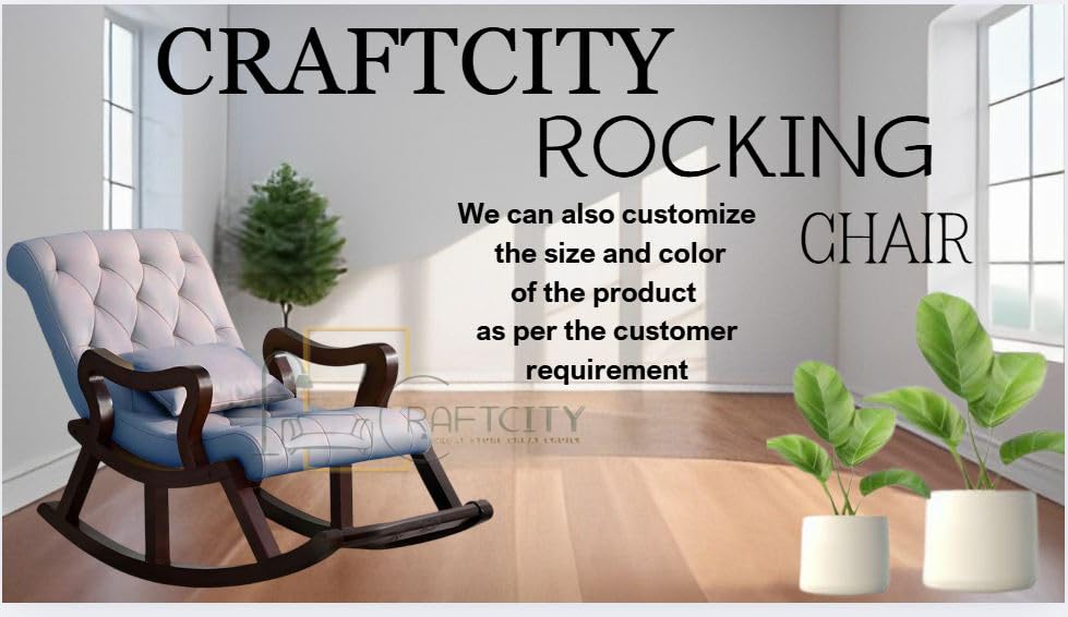 Image of CRAFTCITY Sheesham Wood Elegant Chair with Pillow and Matching Foot Stool /Living Room Chair /Rose Wood Rocking Chair,Pre-Assembled (Sky Blue, Rocking Chair with Ottoman)