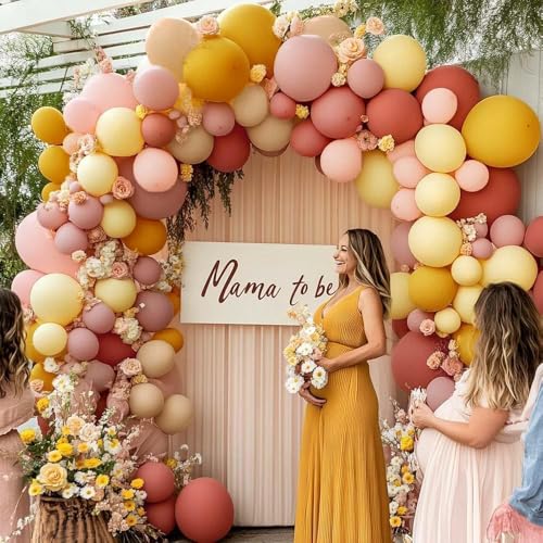Image of Dusty Pink Yellow Balloon Arch Kit Double Stuffed, Mauve Pink Mustard Light Yellow White Sand Balloon Garland for Baby Shower Birthday Bee Groovy Boho Rainbow Sunshine Party Decoration