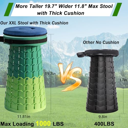 Image of 2026 Upgraded XXL Collapsible Stool with Thick Cushion,19.7 inchH-11.8 inchD Telescoping Folding Stool for Adults, More Sturdy Camping Stools with Load Capacity 1000lbs for Outdoor,Garden,Fishing,Hiking