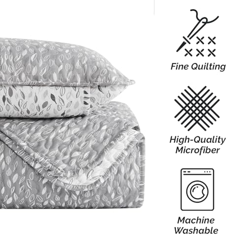Image of Southshore Fine Living, Inc. Twin Daybed Comforter Set, 6-Piece Bedding Set with Daybed Cover, 3 Pillow Shams, Bed Skirt, Throw Pillow - Twin Day Bed Quilt Set, Botanical Leaves Grey