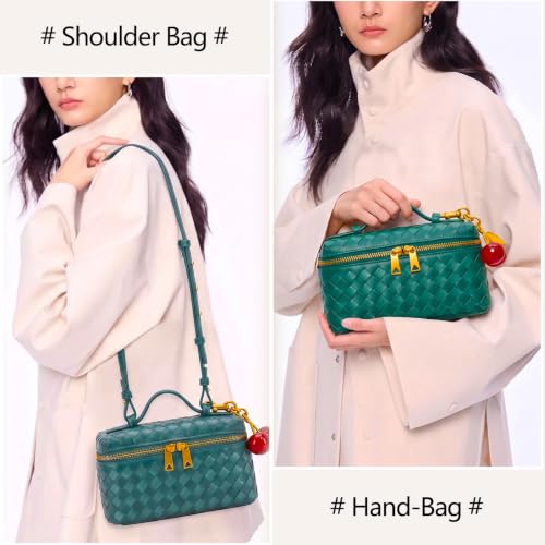 Image of Small Woven Box Crossbody Bags for Women Designer Leather Mini Top Handle Clutch Purse Square Vanity Bag with Cherry Charm