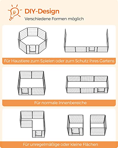 Feandrea Freilaufgehege, Laufstall DIY, mit 8 Gitterplatten je 77 x 80 cm, 2 L-förmige Riegel, transportabel, für innen und außen, extra große Haustiere ohne Halsband, schwarz PPK88H