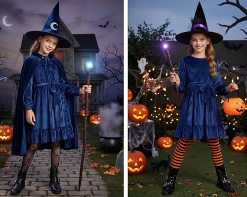 WISREMT Girls Pleated Velvet Dress for Halloween Christmas, Kids Long Sleeve Vintage Swing Princess Dress for Casual Party2