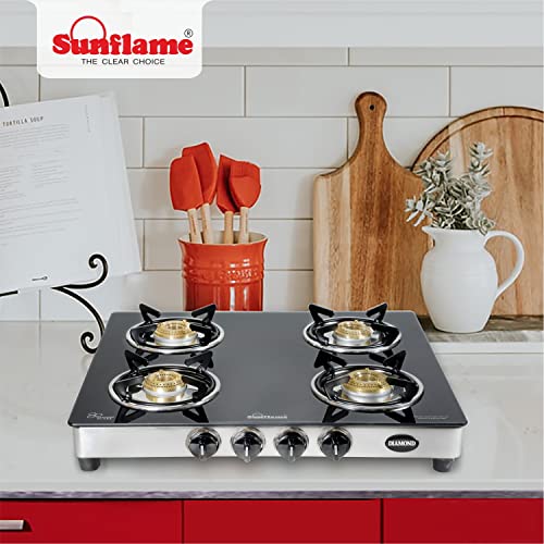 Compare Sunflame DIAMOND 4 Burner Gas Stove with Toughened Glass Top, Manual Ignition, 4 Brass