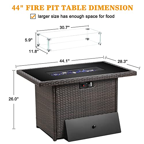 LayinSun 44\" Propane Gas Fire Pit Table, 55000 BTU Rectangular Fire Pit with Glass Wind Guard for Outside Patio Deck Garden Backyard
