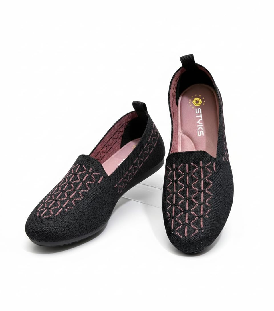 Women's Slip-On Loafers, Black with Pink Geometric Pattern, Knit Fabric, Casual Comfort Shoes-image-39