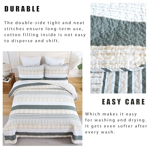 Image of Homzard Quilts Queen Size - Cotton Queen Size Comforter Sets,Beige Grey Cotton Bedding,Striped Plaid Comforter Bedspread (90 * 98 Inches),3 Piece