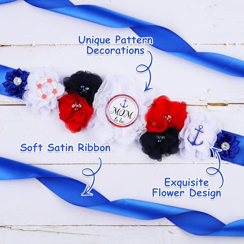 Image of Navigation Gender Reveal Maternity Sash Kit, Blue White Nautical Baby Shower Belly Belt and Mom to Be Dad to Be Corsage Pins, New Parent Pregnancy Announcement Photo Props Party Supplies