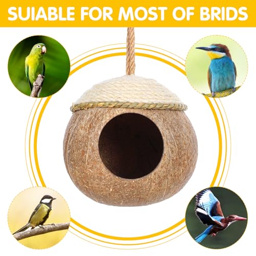 Image of 3 Pcs Natural Coconut Bird Hide Nest Hut for Cage with Woven Straw Bird Parakeet Coconut Fiber Hanging Birdhouse Cage Habitats Decor for Parrot Cockatiel Lovebird Finch Squirrel Hamster