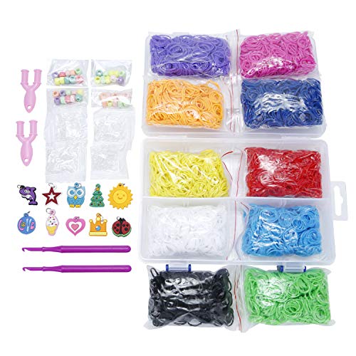 Quality Rainbow Rubber Bands Refill Bundle - Includes: 4000 Rubber Bands, 10 Colors, 4 Packs S-Clips, 40 Colorful Beads, 2 Small Hooks,10 Charms, 2 Y-Shape Mini Looms