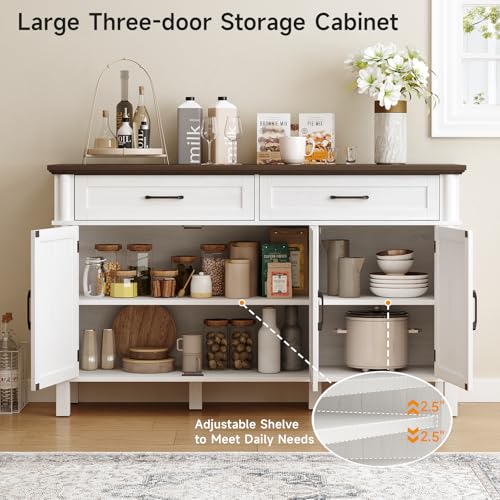Image of ONBRILL 55 Inch Buffet Cabinet with Storage, Farmhouse Sideboard Buffet w /2 Drawers and 3 Doors, Wood Coffee Bar Cabinet with Adjustable Shelves, Sideboard Storage for Kitchen, Living Room, Off White