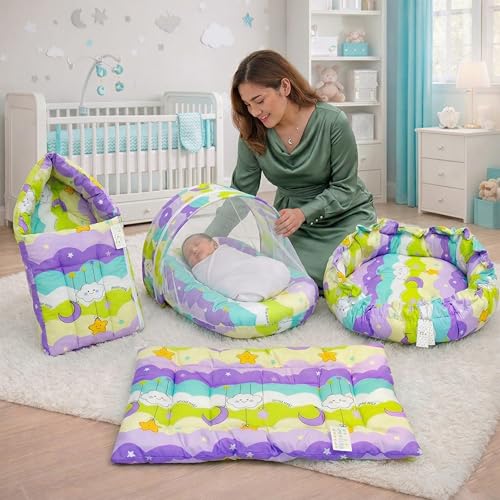 Image of Fareto Combo of Baby Nest | Net with Bed | Carry Bag | 4 Pcs Bedding Set(0-6 Months) (Fullset Nest) (New Star Purpal)
