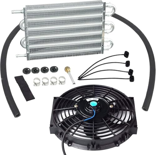 BACLAUGH 6 Row Tube and Fin Transmission Cooler High Performance Aluminium Oil Cooler Kit w/ 10 Cooling Fan with Electric Radiator Cooling 12V 80W Mount Kit Universal