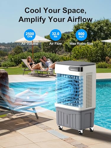 Image of Uthfy Swamp Cooler, 36 Inch Evaporative Air Cooler with 8 Gal Water Tank, 2500 CFM, 120 Oscillation, 3 Modes & 3 Speeds, Remote, 12 H Timer, 4 Ice Packs, Portable Air Conditioner for Indoor