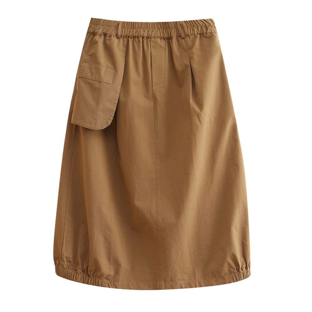 Rock Damen,Damen-Midirock Khaki Elastischer Cargorock Mit Hoher Taille Locker Mit Tasche A-Linie Swing Geraffter Einfarbiger Mittellanger Rock Für Mädchen Damen,M