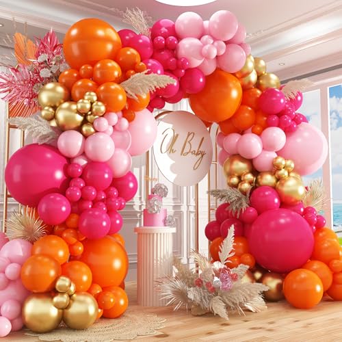 Image of Pink and Orange Balloon Arch Kit,412Pcs Hot Pink Orange Metallic Gold Latex Balloon Garland kit 18 12 10 5 Inch Different Size Balloons for Birthday Wedding Tropical Summer Party Decorations
