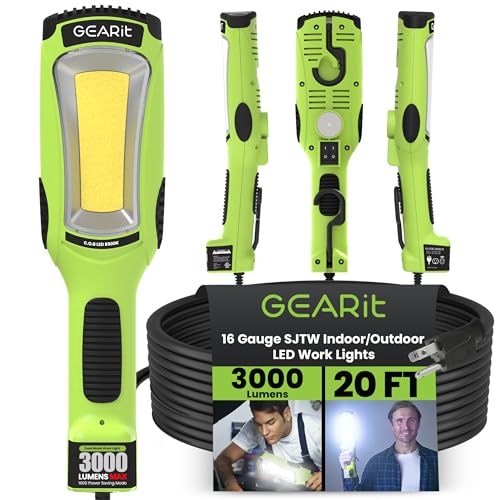 GEARit 20ft LED Work Light COB 3000LM 27W, Corded Shop/Drop Light with Magnetic Base, Swivel Hook...
