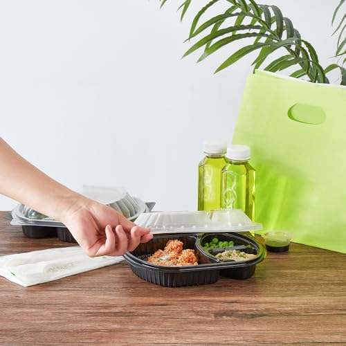 Image of Restaurantware-RW Base 27 Ounce Meal Prep Containers, 100 Microwavable To Go Containers With Lids - 3 Compartments, Disposable, Black Plastic Oval Food Containers, For Hot And Cold Food, Freezable