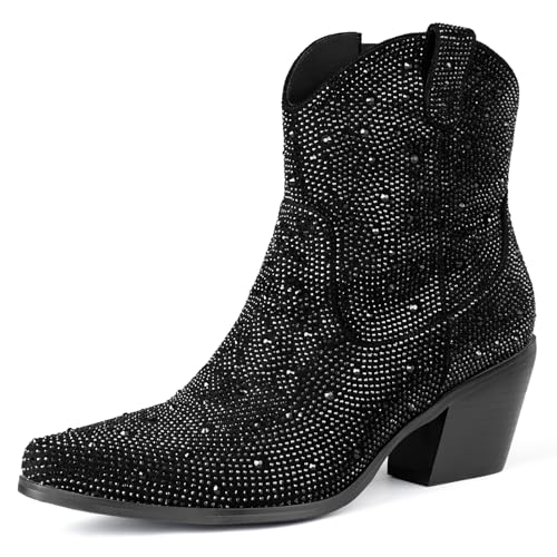 MISSMILLER Rhinestone Cowboy Boots for Women Sparkly Chunky Heel Ankle Boots Cowgirl Boots Pointed Toe Western Boots
