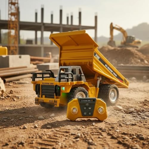 Image of RC Dumper Truck Toy for Kids, 1:64 Die-Cast Metal Construction Truck with Remote Control, LED Lights, Lifting Dump Bed, Rubber Tyres, Engineering Vehicle Toy Gift for Boys & Girls Age 3+