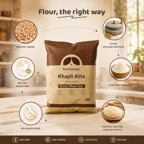 Image of Grannyways Khapli Atta | Emmer Wheat Flour 4.5 Kg With 100% Ancient Stone Ground Whole Grain Atta | Low Gluten, High Fiber | Diabetic Friendly | Traditional Khapli Whole Grain Atta for Daily Healthy Cooking Flour for Roti, Paratha & Baking