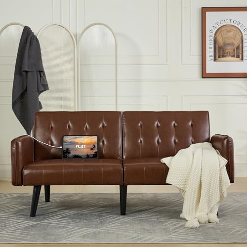 Image of TYBOATLE 65 inch Convertible Futon Sofa Bed w / 2 USB,Tufted Small Adjustable Folding Couch Loveseat, Modern Mid Century Faux Leather Sleeper Sofa for Living Room, Bedroom,Office, Brown