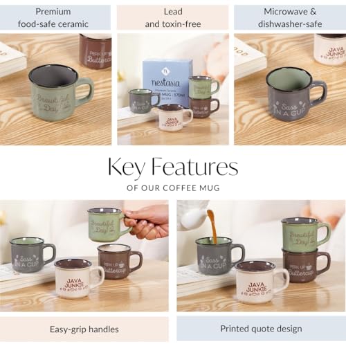 Image of Nestasia Ceramic Stackable Cups Set of 4 (170ml Each) - Quirky Quotes Tea & Coffee Cups with Glossy Finish | Microwave & Dishwasher Safe Mugs - Ideal for Gifting (Colourful)