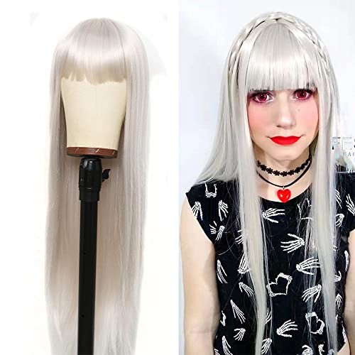 Freyja Silver Gray Stright Wig with Air Bangs for Women Hair Replacement Wig Heat Resistant Colorful Natural Looking Cosplay Wig for Girl 24 Inches, 702381011