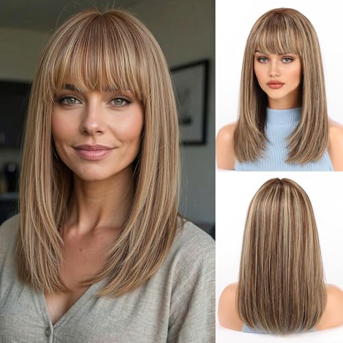Image of KKU 16 Inch Brown Mixed Blonde Human Hair Wig,Human Hair Wigs,Human Hair Wig With Bangs, Lady Wigs Human Hair, Real Hair Wigs For Women