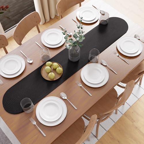 Image of Encasa XO Table Runner for 4 Seater | Handmade Ribbed Style Cotton | 30x137 cm | Black | for Dining & Center Table