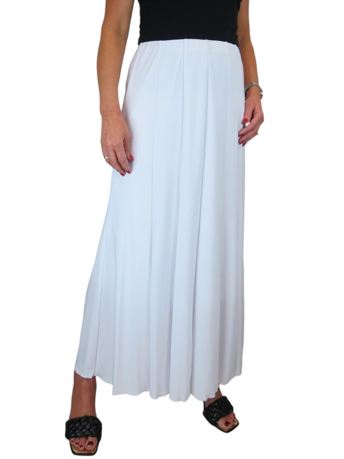 icecoolfashion Women's 38" Long Ankle Length Panel Swing Flare Maxi Skirt Soft Stretch Sheen Fully Lined White 10-22 (XXL)