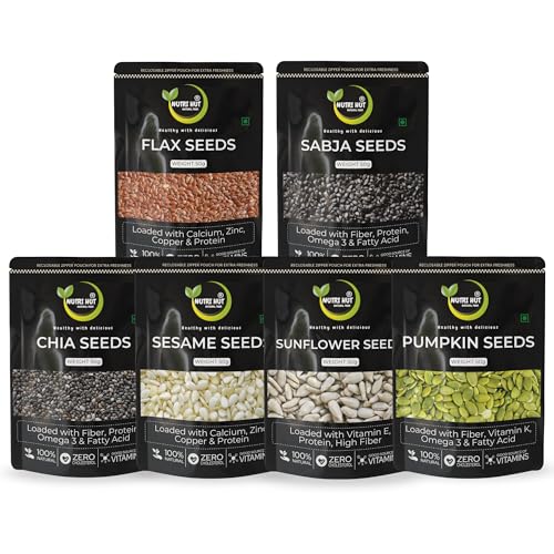 Image of Nutri Hut 6-in-1 Super Seeds Combo Pack | Pumpkin, Sunflower, Flax, Chia, Basil (Sabja) & Sesame Seeds | 50g Each | Rich in Protein, Fiber & Omega 3 | 100% Natural | Superfood for Energy (300g)