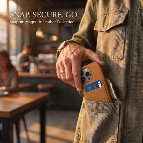 Image of amazon basics Premium Vegan Leather Back Cover with Card Holder and Integrated Mobile Stand for iPhone 15 Pro - Slim Shockproof Wallet Case with Geometric Stitching [Tan]