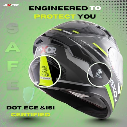 Image of Axor Apex Turbine ISI ECE DOT Certified Full Face Dual Visor Helmet for Men and Women with Pinlock Fitted Outer Clear Visor and Inner Smoke Sun Visor Black Neon Grey Helmet-L