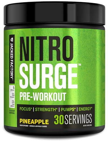 Image of Jacked Factory NITROSURGE Pre Workout Supplement - Endless Energy, Instant Strength Gains, Clear Focus, Intense Pumps - NO Booster & Powerful Preworkout Energy Powder - 30 Servings, Pineapple