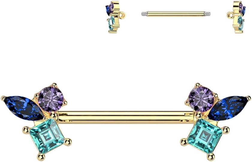 14GA 316L Stainless Steel Triple CZ Crystal Cluster Nipple Barbells, Sold as a Pair - Image 2