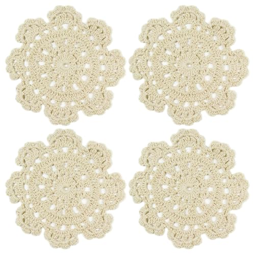 kilofly Small Handmade Crochet Round Cotton Lace Table Placemats Doilies for Cup/Glass Value Pack [Set of 4], Medallion, 5 inch, Beige