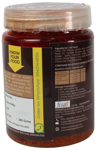 Image of MAHIKA FOODS Home made Apollo Fish Pickle 250 Gram Authentic Andhra Style Hot & Spicy Fish Pickle Traditional Machli Ka Achar with no Added preservatives