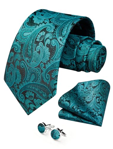 Image of HISDERN Ties for Men Paisley Tie and Pocket Square Cufflinks Set Formal Classic Floral Necktie Handkerchief Wedding Party