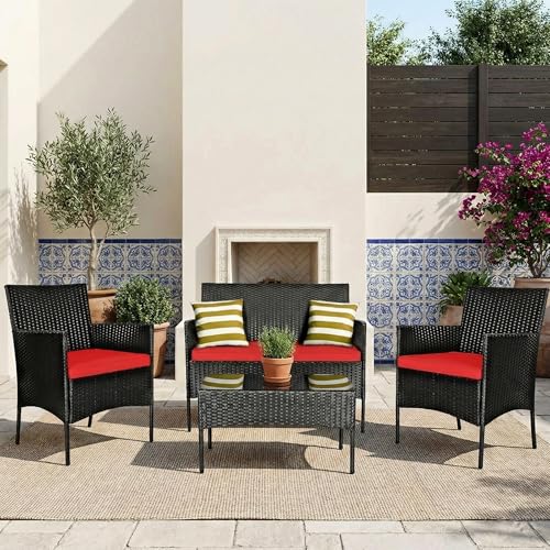 Image of OUTLIVING Outdoor 4 Seater Sofa Set || Patio Furniture Sets || Balcony Sofa || Indoor Sofa || Wicker Rattan Garden Sofa Set with Cushion and Center Table (Black /Red)