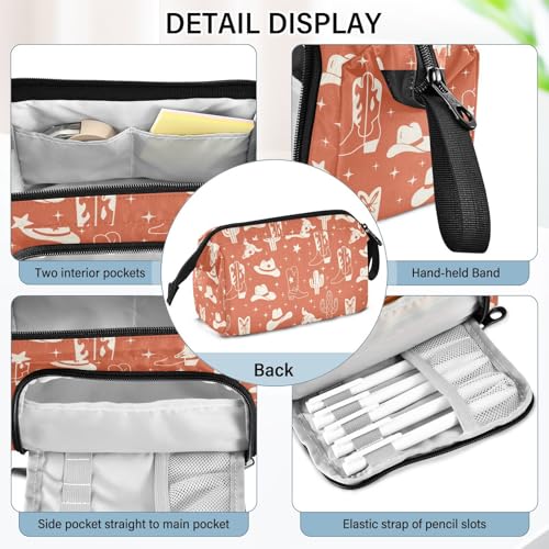 Image of Western Cowboy Orange Pencil Case Pouch Big Capacity Pencil Bag Box Organizer Pen Case with Zipper Pencil Boxes for Boys Girls Kids Women School College