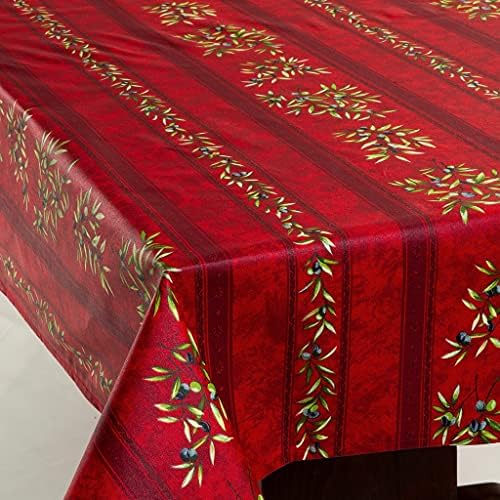 Amelie Michel Wipe-Clean Tablecloth in Olives, Red | Authentic French Acrylic-Coated 100% Cotton Fabric | Easy Care, Spill Proof [60" x 96" Rectangle]