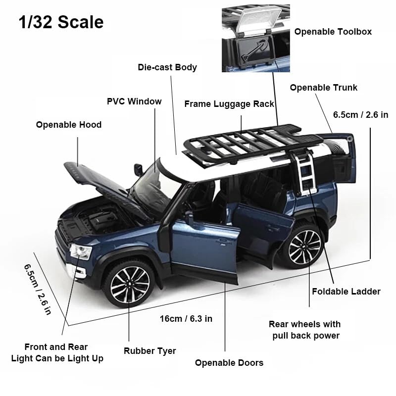 Image of 1:32 Compatible for Land Rover Defender 110 Diecast SUV | Metal Pull Back Toy Car with Sound, Light & Openable Doors | Alloy Model Car for Kids, Boys, Girls & Collectors (Blue)