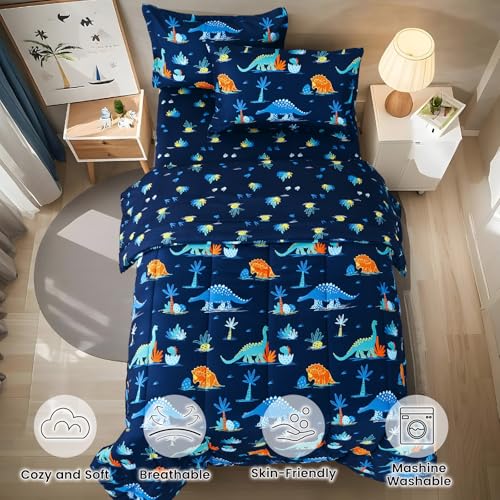 Image of david's kids 5 Piece Twin Comforter Set - Soft Breathable Bedding Twin Set for Boys Girls, Includes Quilted Comforter, Flat Sheet, Fitted Sheet, Pillowcase and Pillowsham, Dinosaur Navy