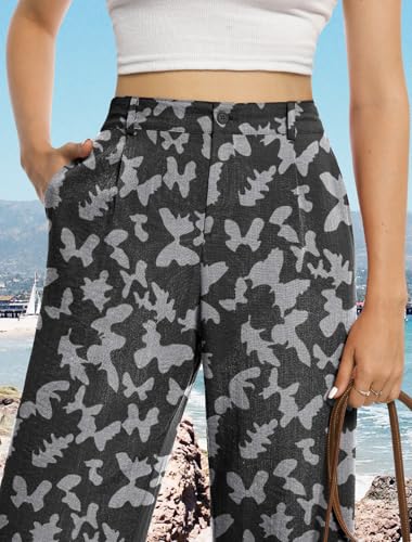 Image of Feiersi Womens Casual Wide Leg Pants High Waisted Button Down Straight Long Trousers Palazzo Pants