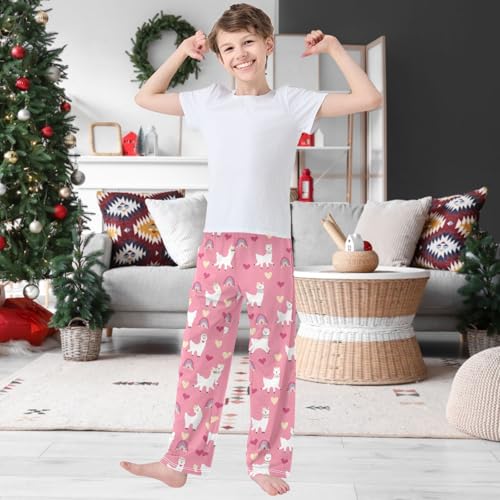 Boy's Pj Pants Rainbow Heart Happy Alpaca Pink Lounge Bottoms Elastic Waist Kids Joggers with Pockets Size 6-142